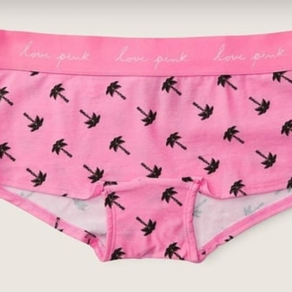 NWT VICTORIA'S SECRET PINK BLACK PALM TREE LOGO THICK WAISTBAND BOYSHORT PANTIES